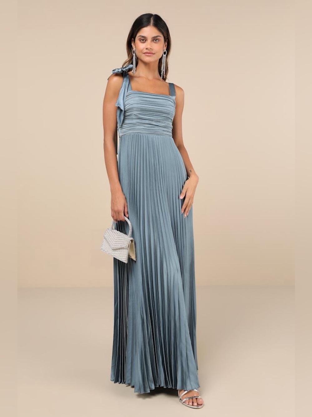Lulus Gorgeous Purpose Slate Satin Pleated Sleeveless Bow Maxi Dress